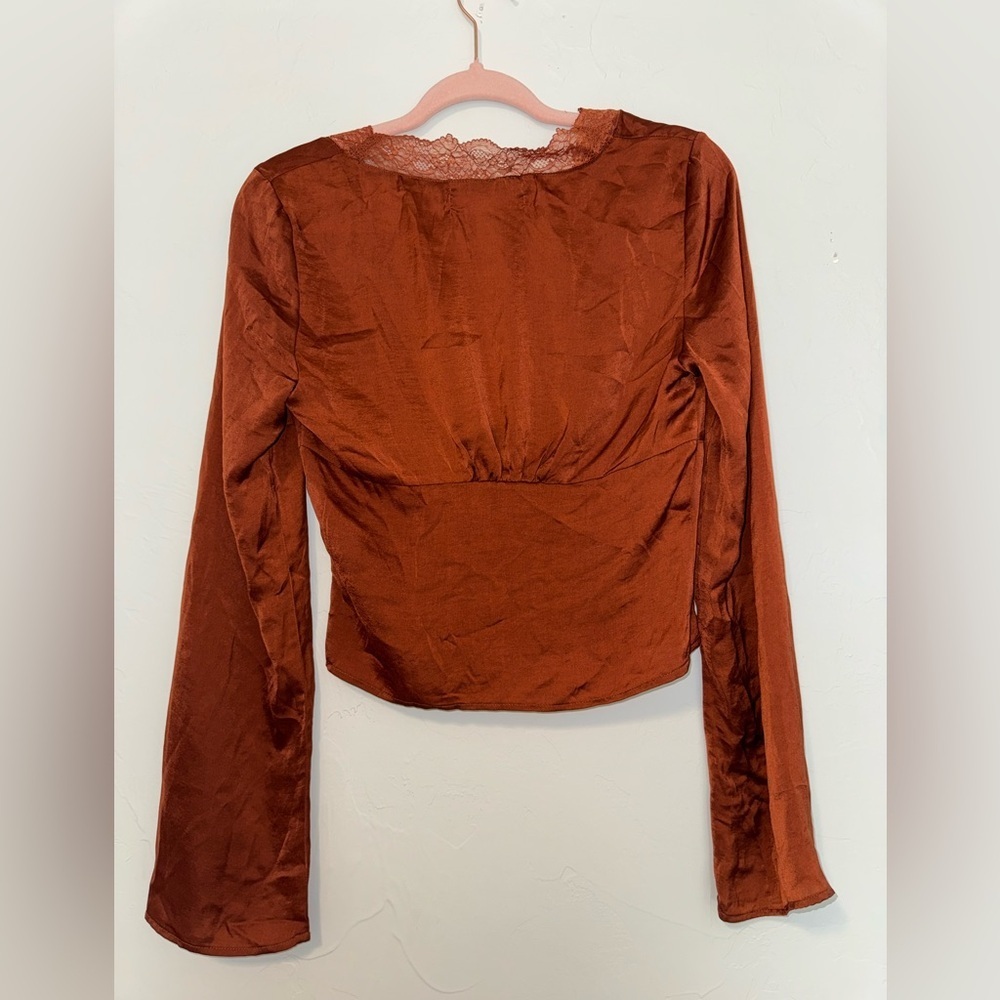 Better Me Rust Satin Tie-Front Top with lace size medium - Picture 2 of 3